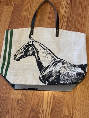Two’s Company Jute Tote Bag with Horse Design and Green Stripes